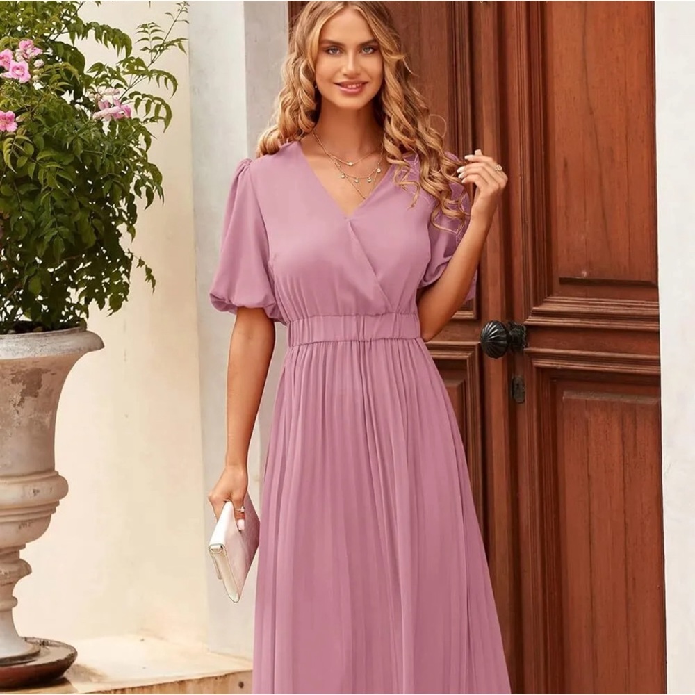 Women's Summer Pleated Midi Dress Wrap V Neck Puff Sleeve Casual Dress